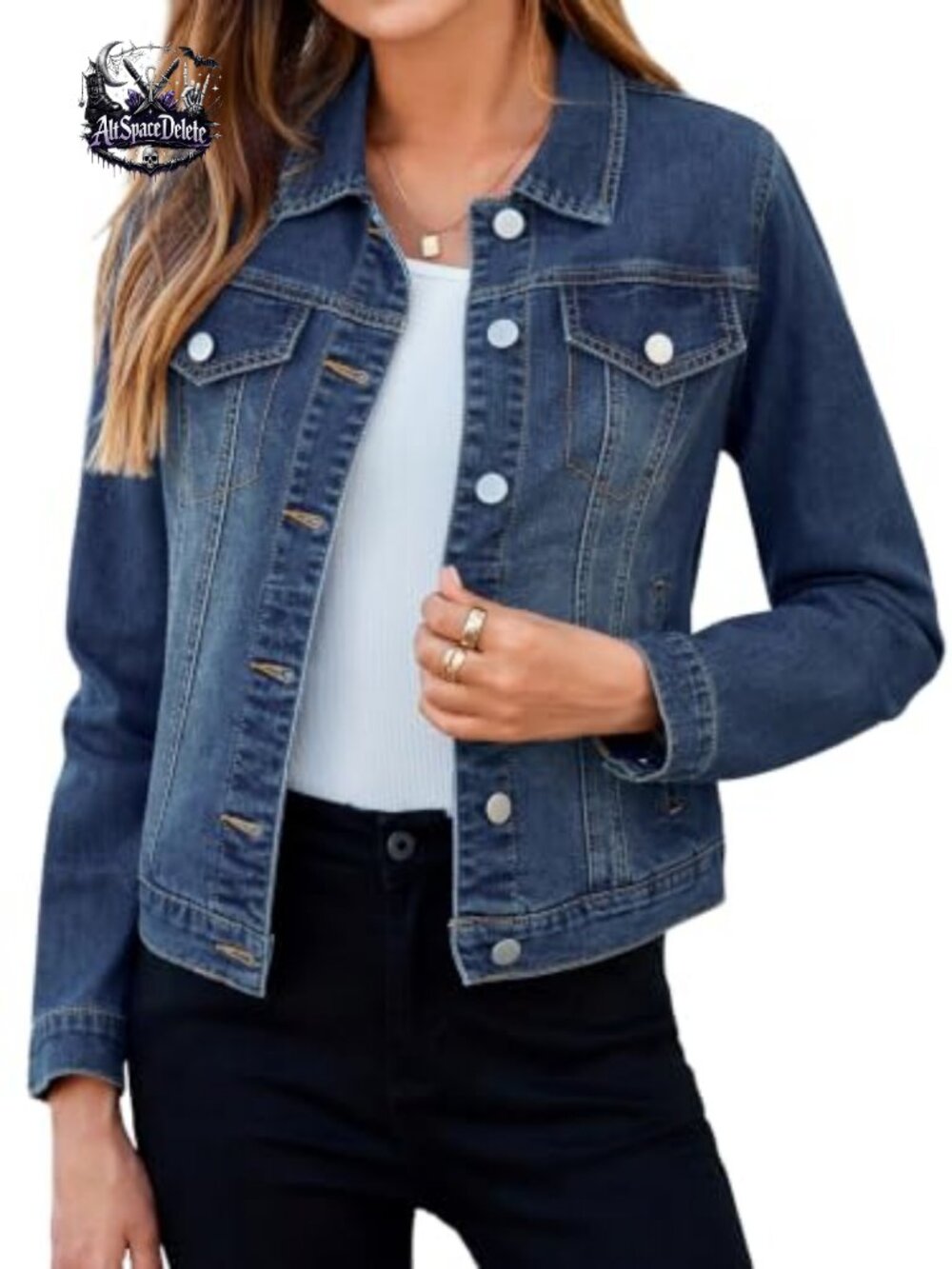 Women's Stretch Denim Jacket Snap Button Fitted Jean Coat with Pockets